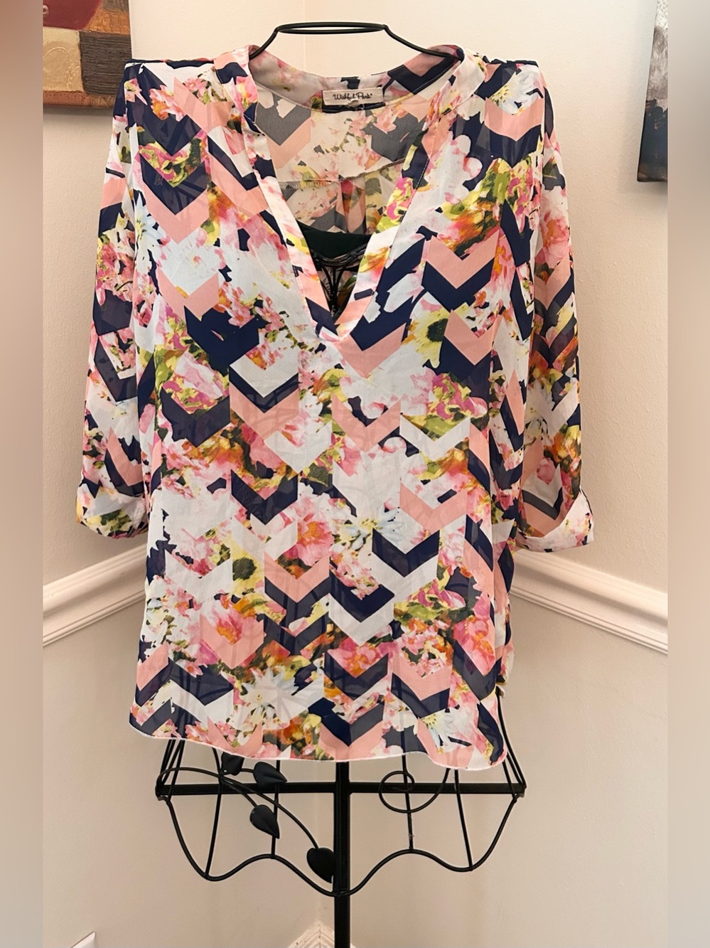 Wishful Park Pink & Navy Floral Chevron V-Neck Tunic